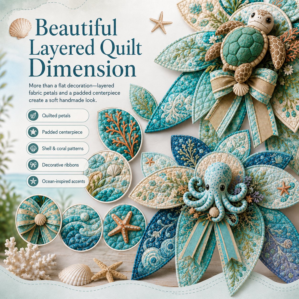 💥LAST DAY 50% OFF -🌊 DIY Ocean Animal Quilted Bow Kit – Large 3D Coastal Door & Wall Décor