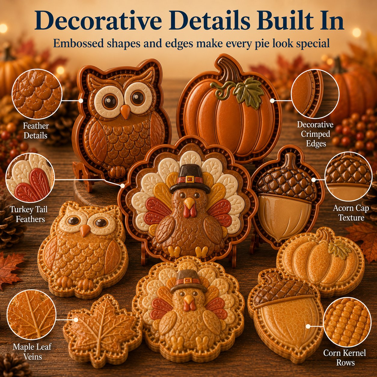 💥Buy 3 Get Free Shipping🔥 Reusable Fall Embossed Mini Pie Molds, 8 Cute Shapes Owl Fox Turkey Pumpkin🥧✨