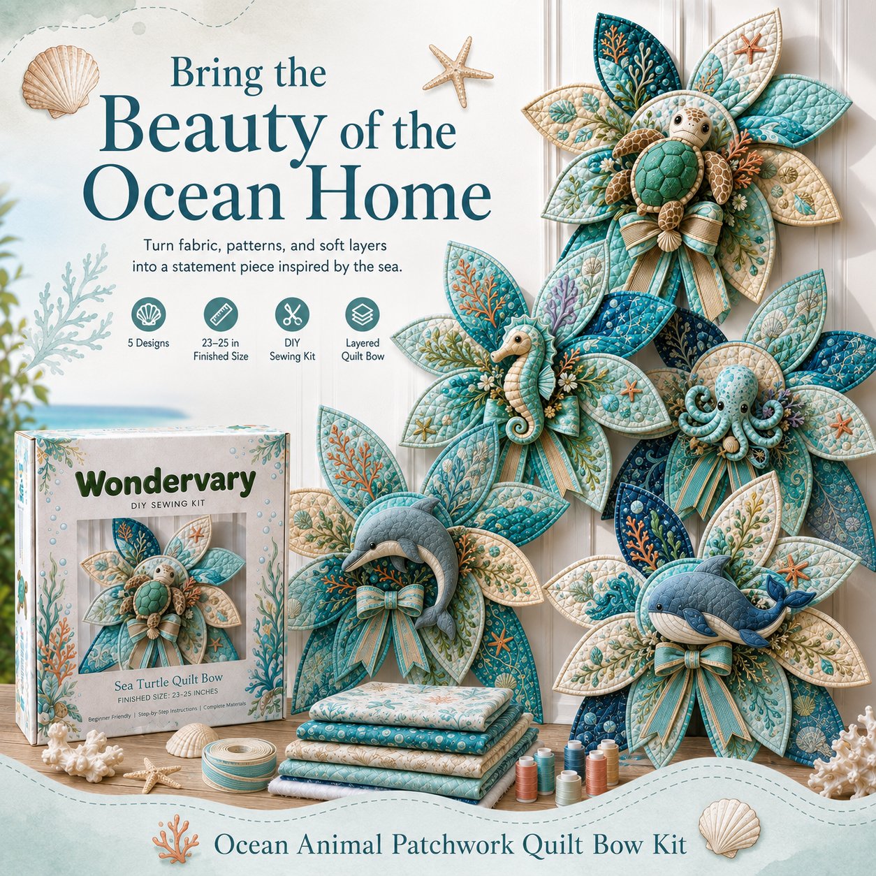 💥LAST DAY 50% OFF -🌊 DIY Ocean Animal Quilted Bow Kit – Large 3D Coastal Door & Wall Décor