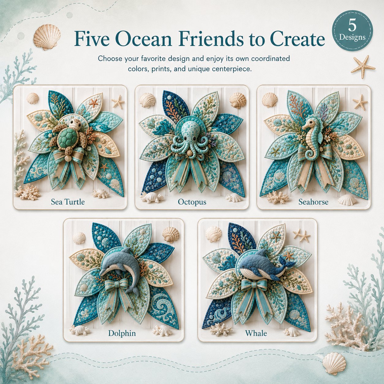 💥LAST DAY 50% OFF -🌊 DIY Ocean Animal Quilted Bow Kit – Large 3D Coastal Door & Wall Décor