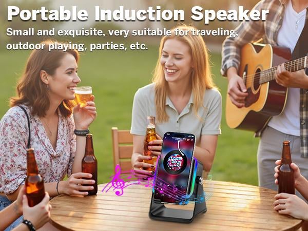 Wireless Induction Audio Speaker Stand, 5in1 Cellphone Holder, 3500mAh Rechargeable Emergency Power Bank,360&deg; Adjustable Mobile Tablet Stand with Colorful Ambient Light Gifts for Men Women