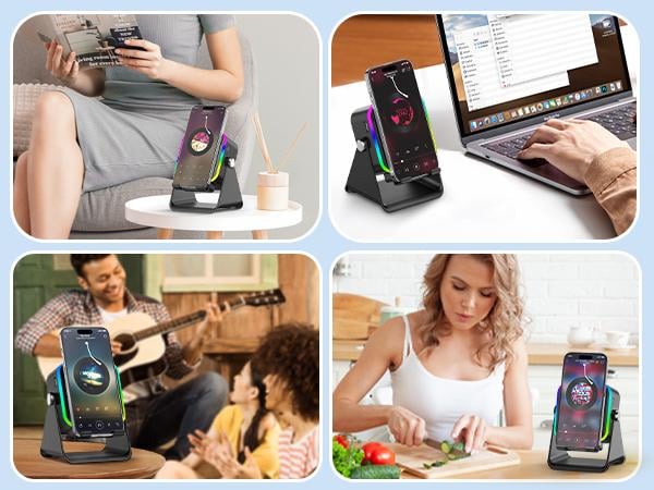 Wireless Induction Audio Speaker Stand, 5in1 Cellphone Holder, 3500mAh Rechargeable Emergency Power Bank,360&deg; Adjustable Mobile Tablet Stand with Colorful Ambient Light Gifts for Men Women