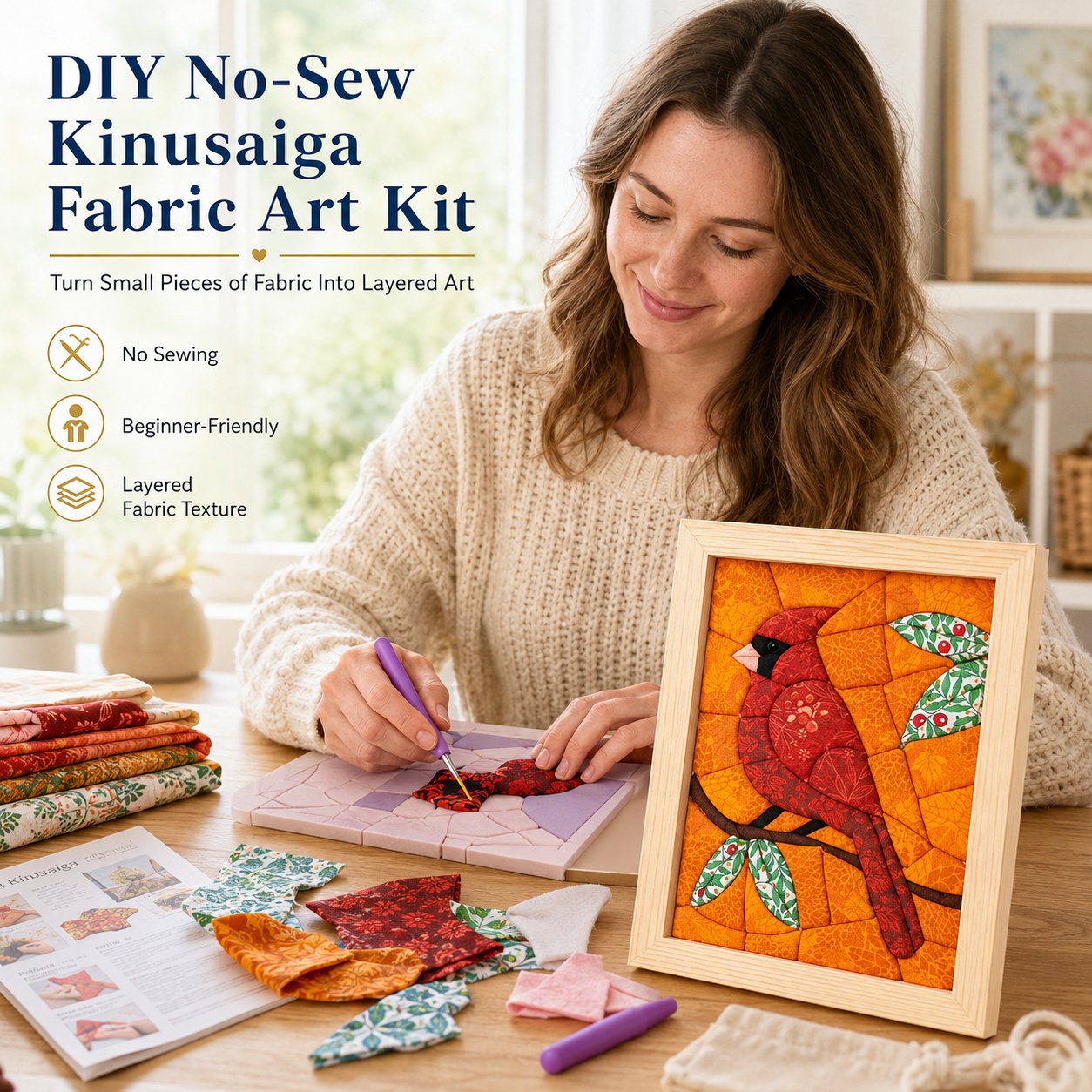 🧵 No-Sew Kinusaiga Fabric Art Kit DIY Layered Tucking Textile Decor