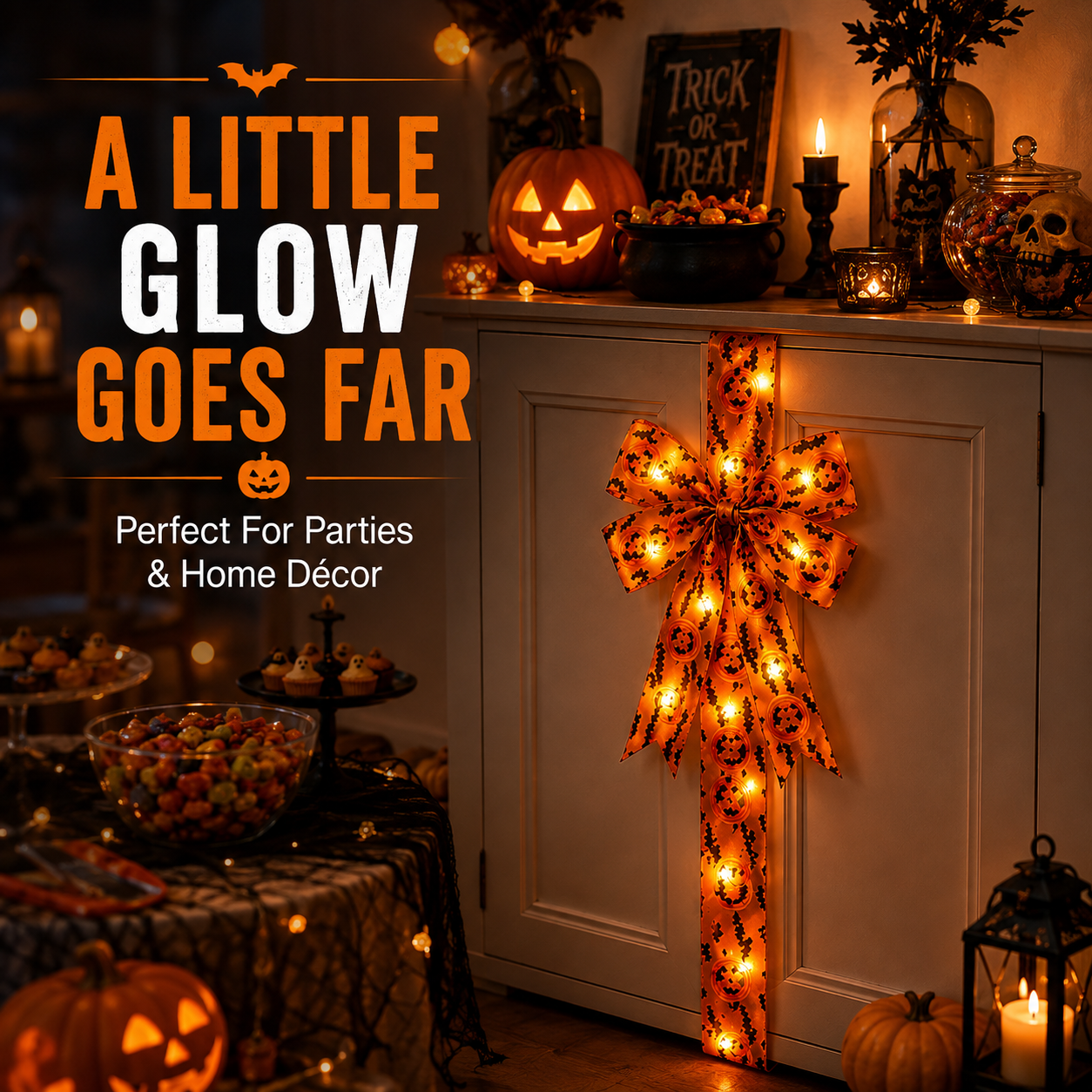 Close up pattern of printed pumpkins and bats on orange ribbon