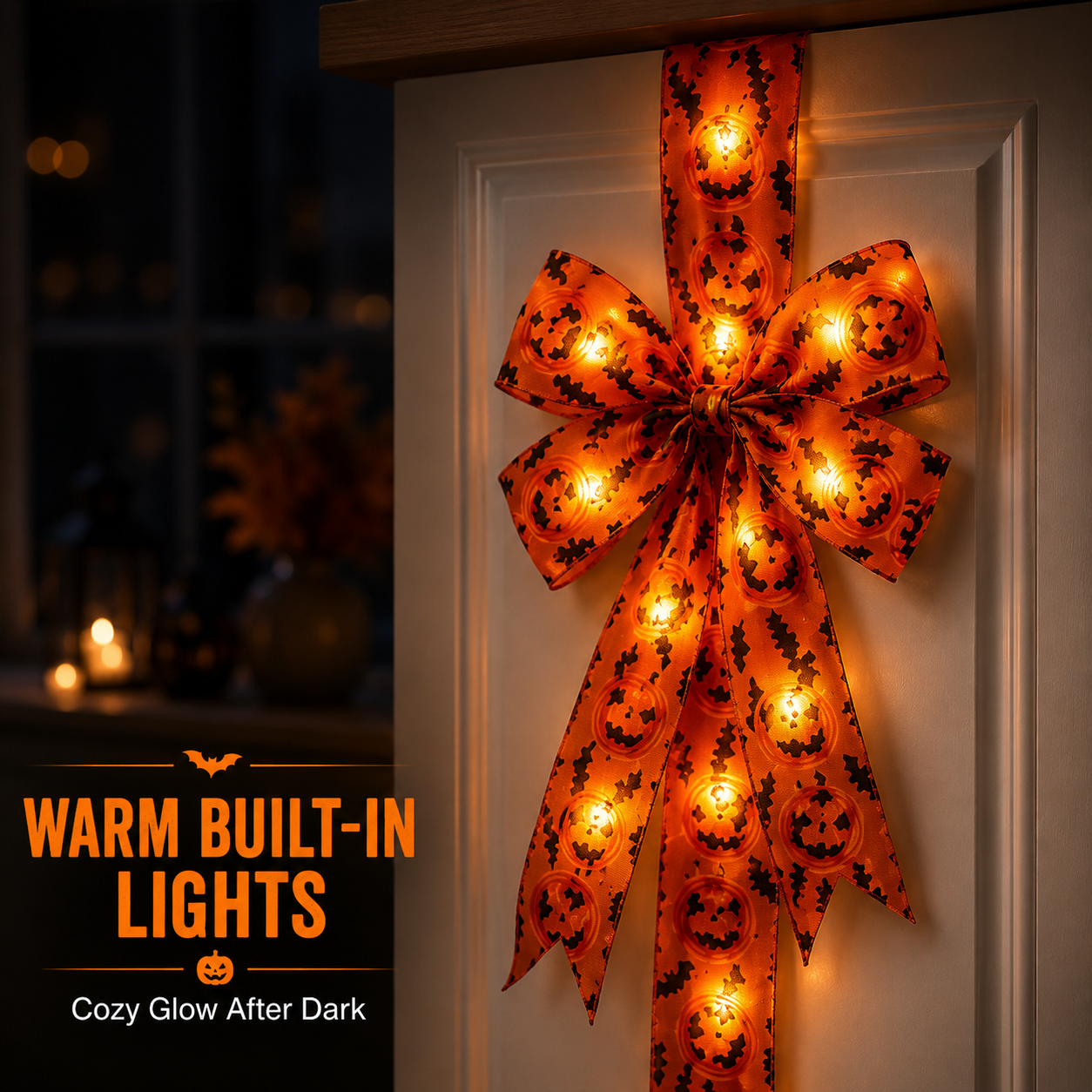 Night view of glowing Halloween ribbon on front entrance door