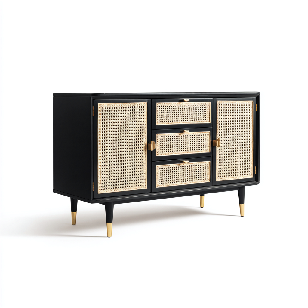 Meuble à chaussures bois et rotin 110x40x80 cm noir-bois adapté à l'entrée - design vintage-Pinegohut