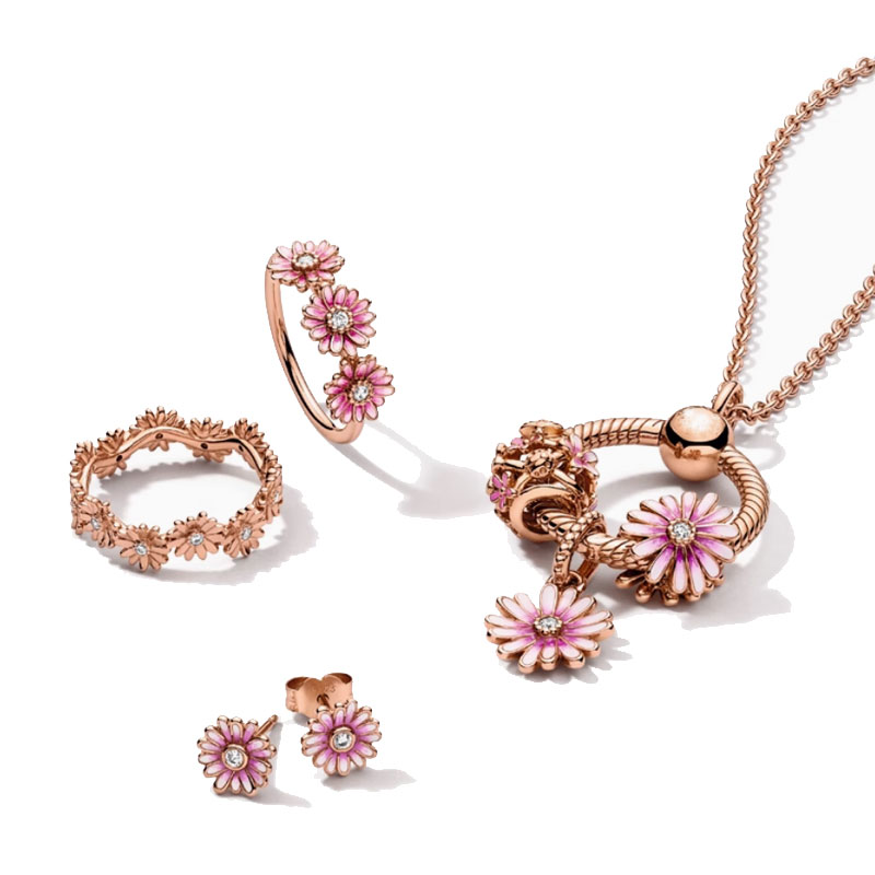 Charm Rose Gold Flower Women's Jewelry Set Valentine's Day Ring Necklace Earring