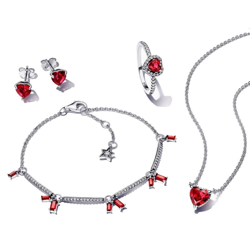 Copper Alloy Silver Plated Bridal Jewelry Set Engagement Gift Valentine's Day Red Heart Bracelet Earrings Necklace Banquet Party