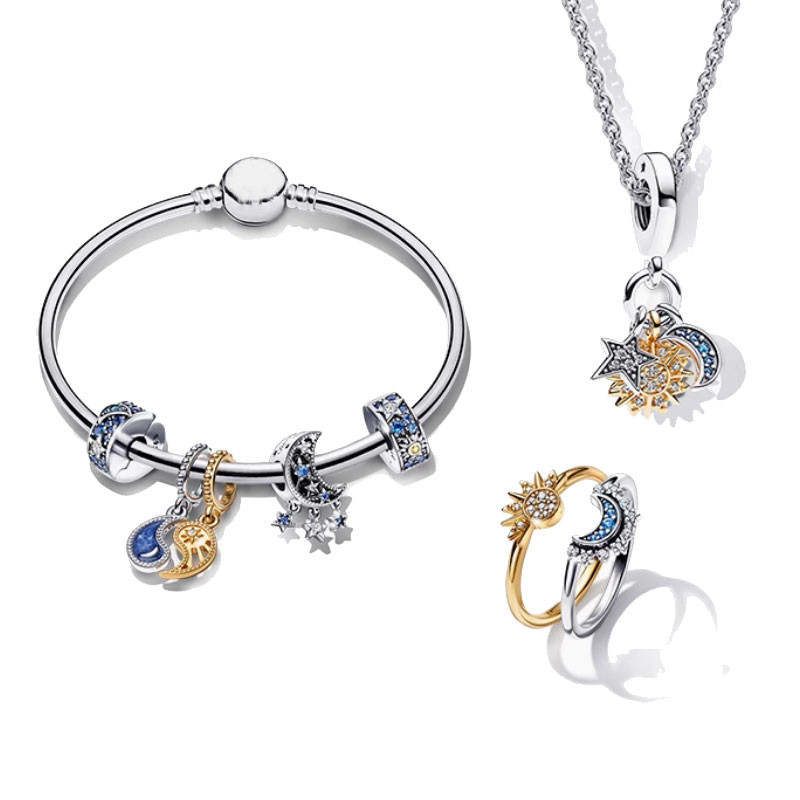 Copper Alloy Silver Plated Women's Jewelry Set Bracelet Ring Necklace Starry Moon Combination Starry Charm Jewelry Valentine's Day
