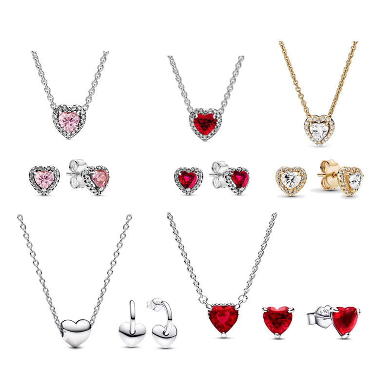 High Quality Copper Alloy Silver Plated Red Heart-Shaped Zircon Women's Necklace Set Valentine's Day Gift Engagement Friend Gift Party Banquet Support Customization