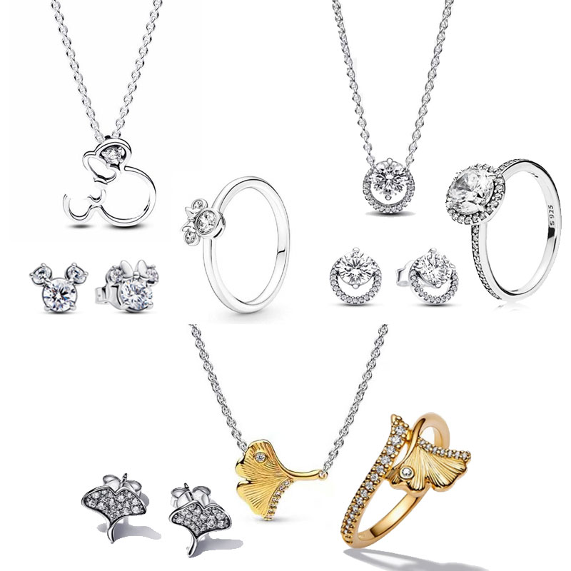 Copper Alloy Silver Plated Mickey Necklace Ring Earrings Set Ginkgo Leaf Gold Charm Women's Jewelry Round zircon Party Banquet