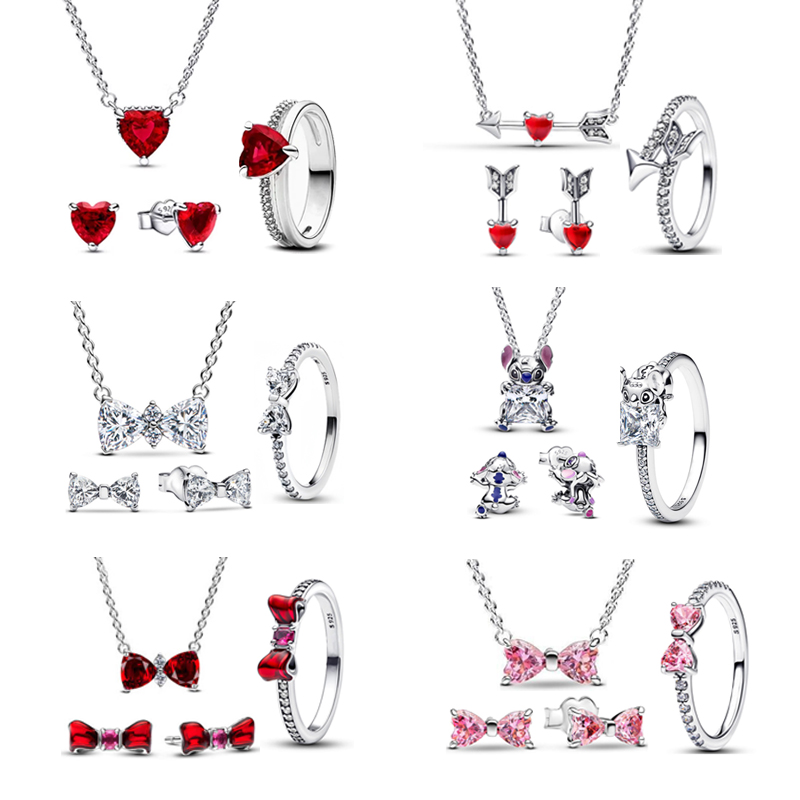 Copper Alloy Silver Plated Pink bow jewelry set red heart-shaped gemstone set Valentine's Day gift Beads For Jewelry Making