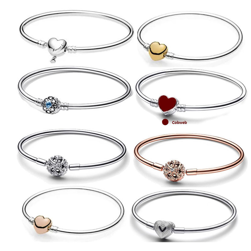 Snowflake Princess Heart Charms Beads Moments Clasp Bangle Rose Gold Women's Hand Bracelets Copper Alloy Silver Plated Original Free Shipping
