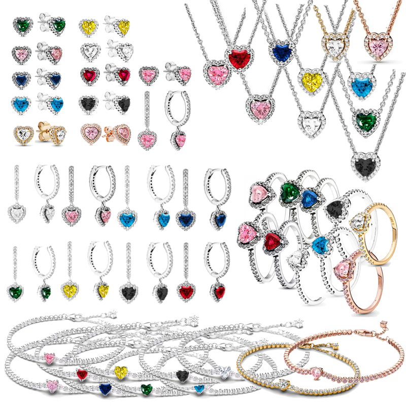 925 Silver Heart-Shaped Colored Zircon Jewelry Women's Set Ring Necklace Earring Bracelet Valentine's Day Gift