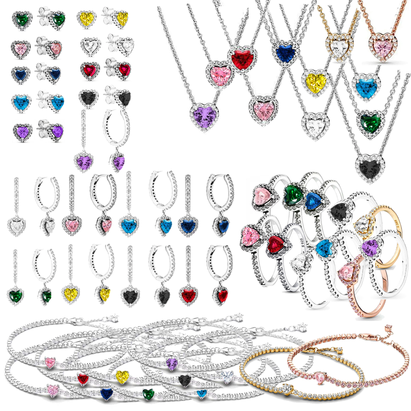 Copper Alloy Silver Plated Heart-Shaped Colored Zircon Jewelry Women's Set Ring Necklace Earring Bracelet Valentine's Day Gift