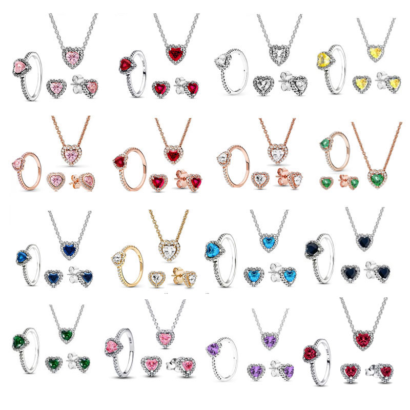 Copper Alloy Silver Plated Love Charm Necklace Ring Earrings Set Jewelry Dark Red Pink Romantic Valentine's Day Women's Family Gift Personality