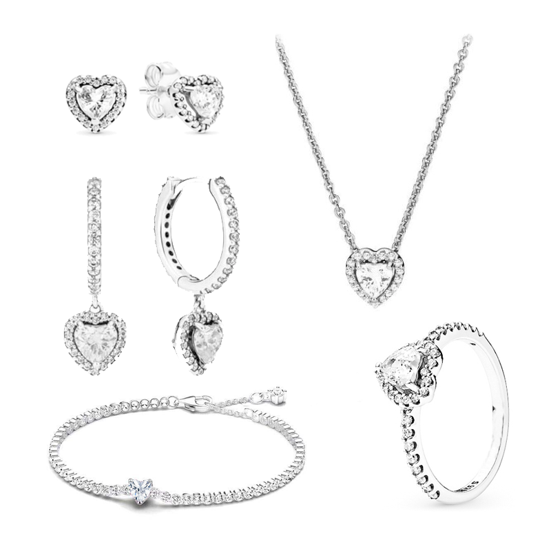 925 Silver Heart-Shaped Colored Zircon Jewelry Women's Set Ring Necklace Earring Bracelet Valentine's Day Gift