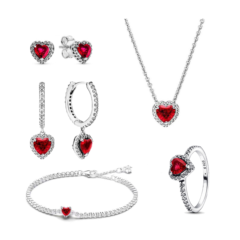 925 Silver Heart-Shaped Colored Zircon Jewelry Women's Set Ring Necklace Earring Bracelet Valentine's Day Gift