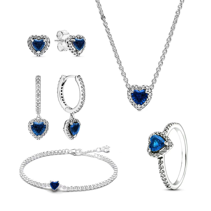 925 Silver Heart-Shaped Colored Zircon Jewelry Women's Set Ring Necklace Earring Bracelet Valentine's Day Gift
