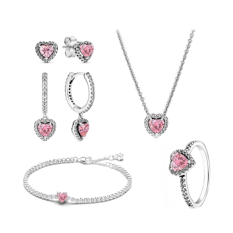 925 Silver Heart-Shaped Colored Zircon Jewelry Women's Set Ring Necklace Earring Bracelet Valentine's Day Gift