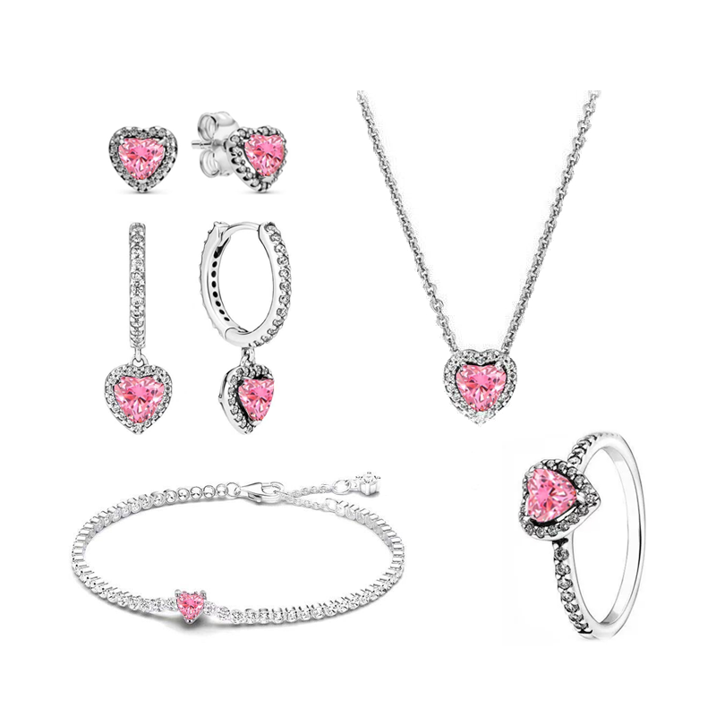 925 Silver Heart-Shaped Colored Zircon Jewelry Women's Set Ring Necklace Earring Bracelet Valentine's Day Gift