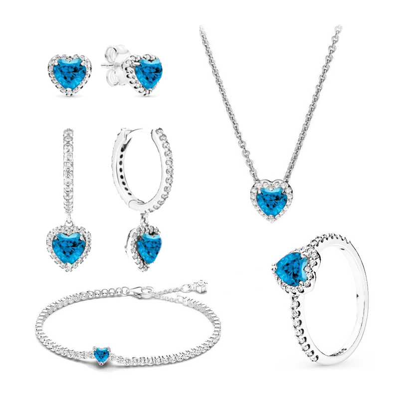 925 Silver Heart-Shaped Colored Zircon Jewelry Women's Set Ring Necklace Earring Bracelet Valentine's Day Gift