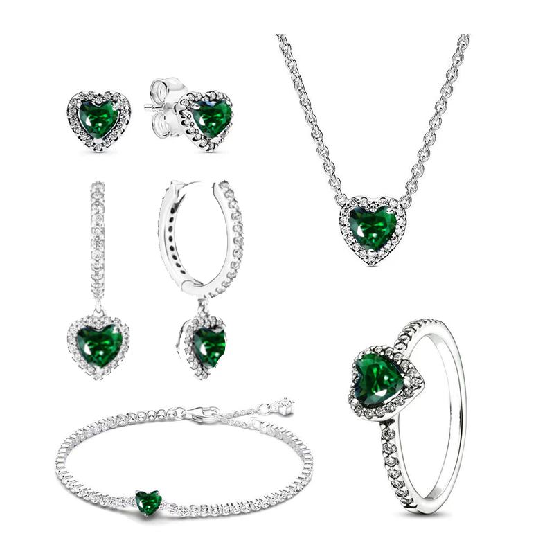 925 Silver Heart-Shaped Colored Zircon Jewelry Women's Set Ring Necklace Earring Bracelet Valentine's Day Gift