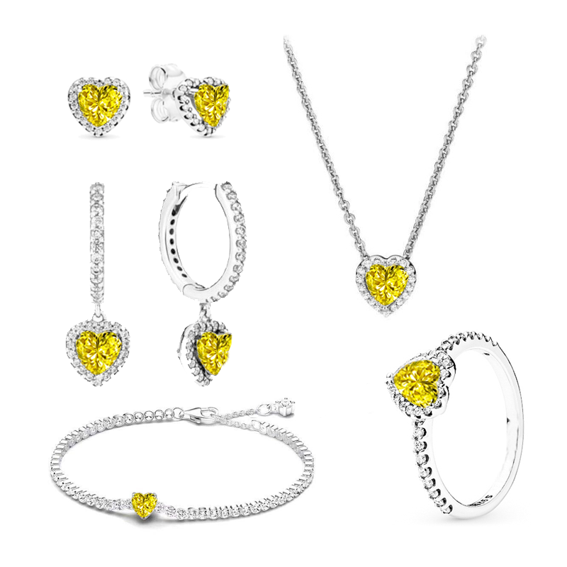 925 Silver Heart-Shaped Colored Zircon Jewelry Women's Set Ring Necklace Earring Bracelet Valentine's Day Gift
