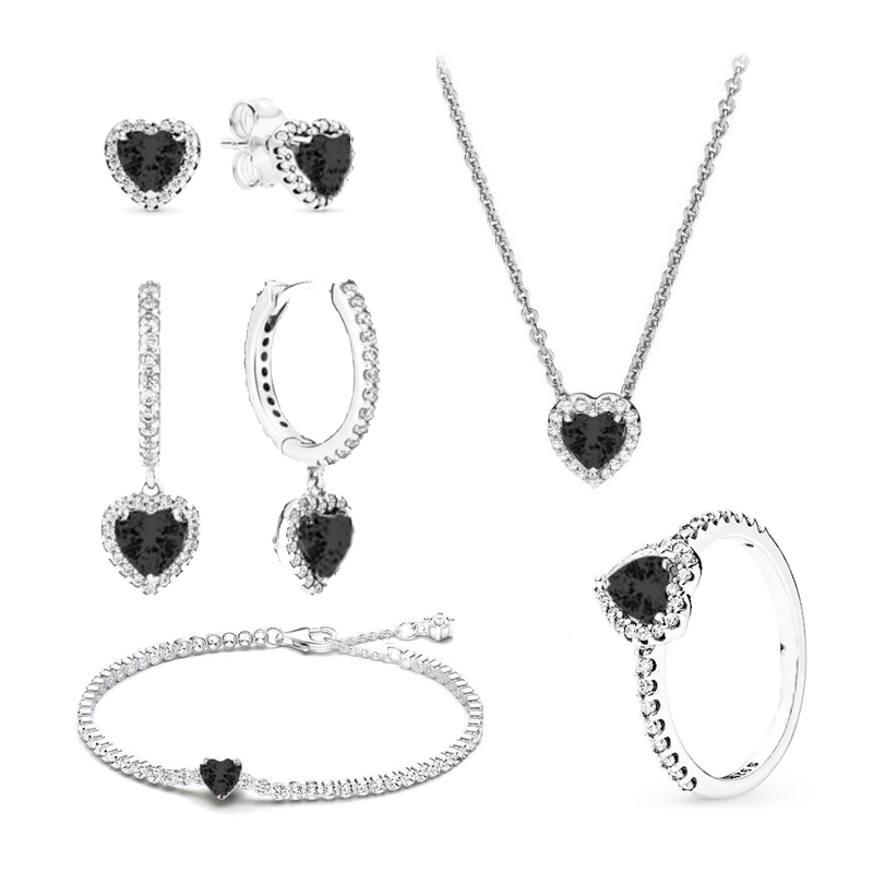 925 Silver Heart-Shaped Colored Zircon Jewelry Women's Set Ring Necklace Earring Bracelet Valentine's Day Gift