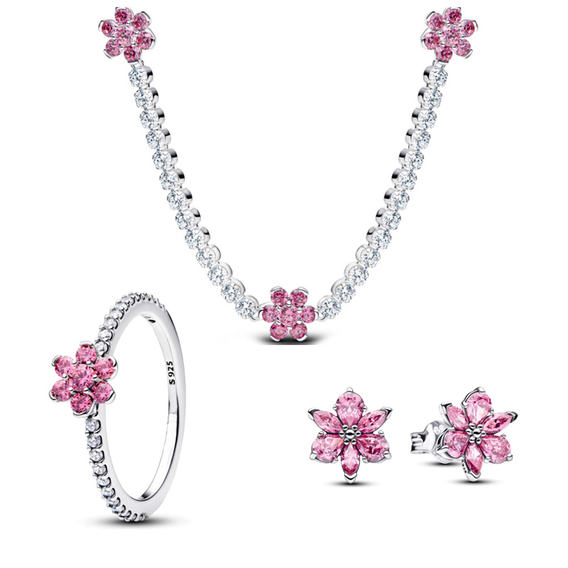 Cherry Blossom White Copper Alloy Silver Plated Charm Butterfly Jewelry Set Necklace Ring Earrings Set Jewelry Dark Romantic Women's Family Gift