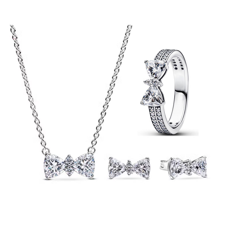 New 925 Silver Women's Jewelry Set Zircon Bow Geometry For Valentine's Day Gift Party Banquet Fashionable Charm Jewelry Making