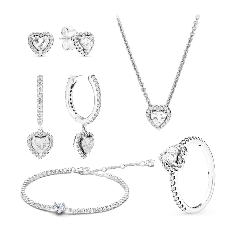 925 Silver Heart-Shaped Colored Zircon Jewelry Women's Set Gift  Ring Necklace Earring Bracelet Valentine's Day