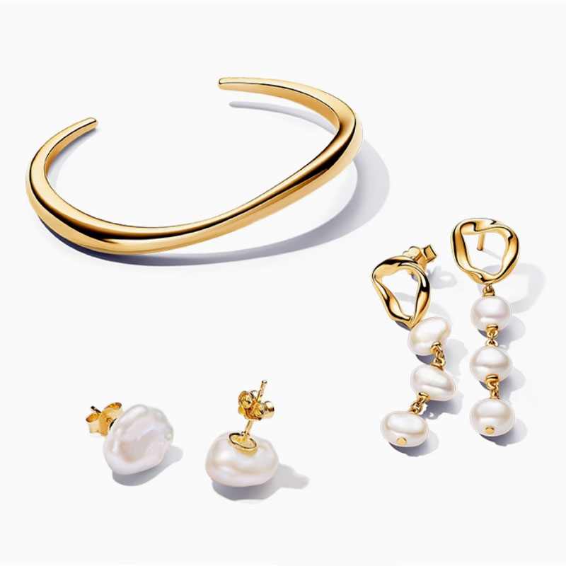 Gold Open Bracelet Irregular Pearl Earrings For Women's Jewelry Sets Charm Gift Personal Charm