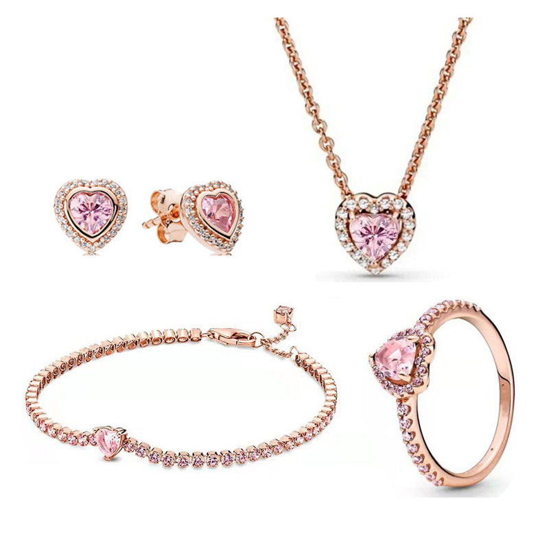 925 Silver Heart-Shaped Colored Zircon Jewelry Women's Set Ring Necklace Earring Bracelet Valentine's Day Gift