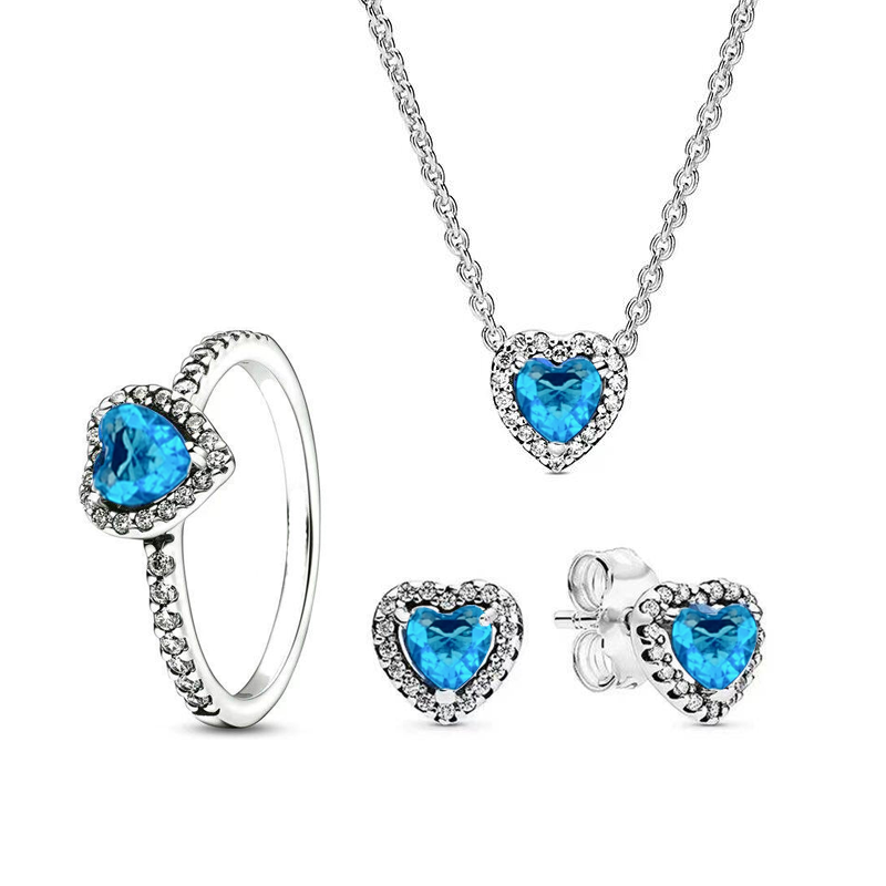 925 Silver Love Charm Necklace Ring Earrings Set Jewelry Dark Red Pink Romantic Valentine's Day Women's Family Gift Personality
