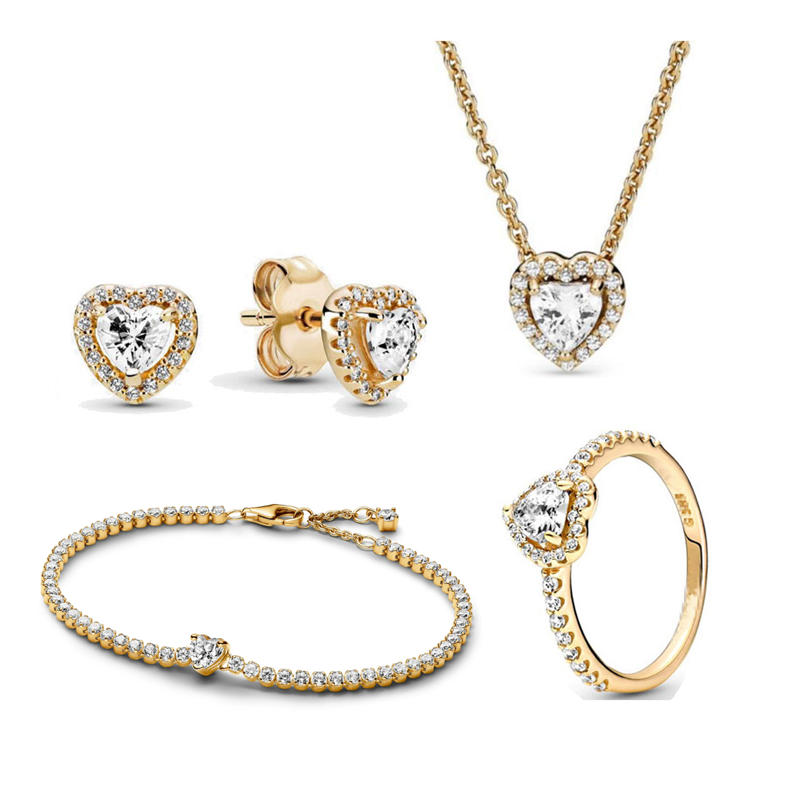 925 Silver Heart-Shaped Colored Zircon Jewelry Women's Set Ring Necklace Earring Bracelet Valentine's Day Gift