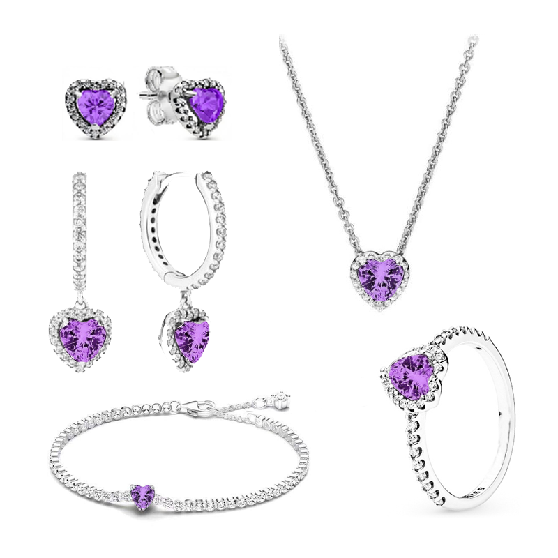 925 Silver Heart-Shaped Colored Zircon Jewelry Women's Set Ring Necklace Earring Bracelet Valentine's Day Gift