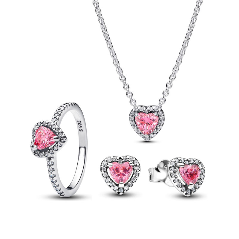 925 Silver Love Charm Necklace Ring Earrings Set Jewelry Dark Red Pink Romantic Valentine's Day Women's Family Gift Personality