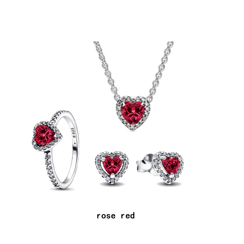 925 Silver Love Charm Necklace Ring Earrings Set Jewelry Dark Red Pink Romantic Valentine's Day Women's Family Gift Personality