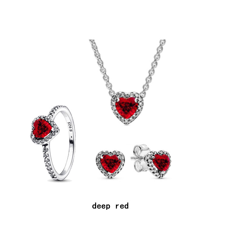 925 Silver Love Charm Necklace Ring Earrings Set Jewelry Dark Red Pink Romantic Valentine's Day Women's Family Gift Personality
