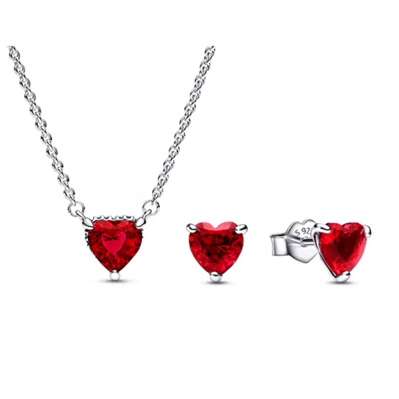 High Quality 925 Silver Red Heart-Shaped Zircon Women's Necklace Set Valentine's Day Gift Engagement Friend Gift Party Banquet Support Customization