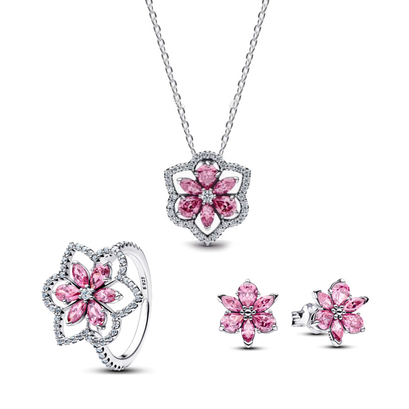 Cherry Blossom White Copper Alloy Silver Plated Charm Butterfly Jewelry Set Necklace Ring Earrings Set Jewelry Dark Romantic Women's Family Gift
