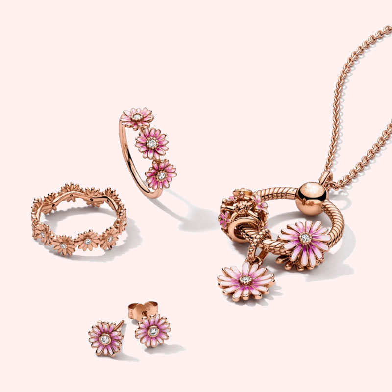 Charm Rose Gold Flower Women's Jewelry Set Valentine's Day Ring Necklace Earring