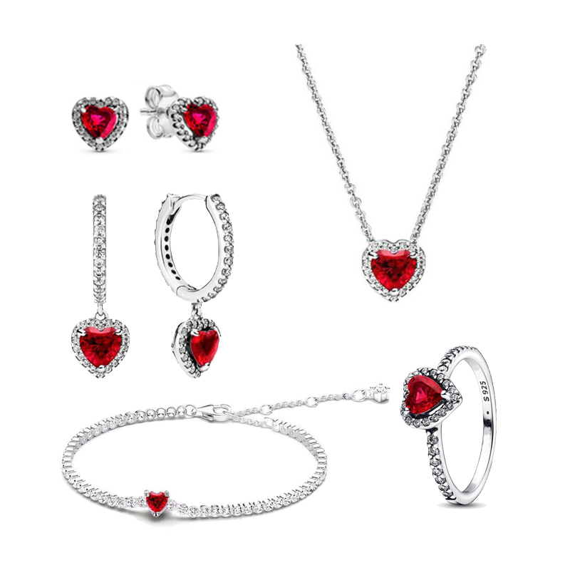 925 Silver Heart-Shaped Colored Zircon Jewelry Women's Set Gift  Ring Necklace Earring Bracelet Valentine's Day