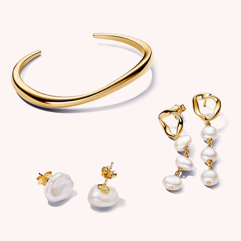 Gold Open Bracelet Irregular Pearl Earrings For Women's Jewelry Sets Charm Gift Personal Charm