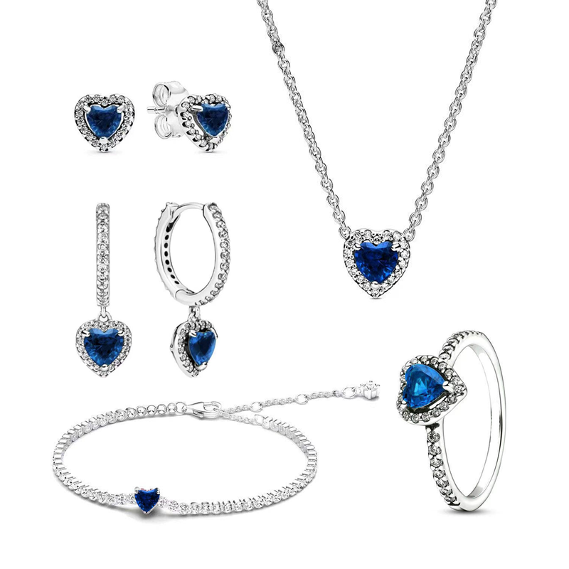 925 Silver Heart-Shaped Colored Zircon Jewelry Women's Set Gift  Ring Necklace Earring Bracelet Valentine's Day