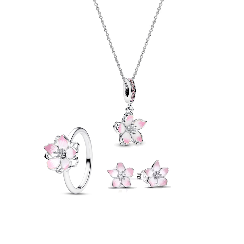 Cherry Blossom White Copper Alloy Silver Plated Charm Butterfly Jewelry Set Necklace Ring Earrings Set Jewelry Dark Romantic Women's Family Gift