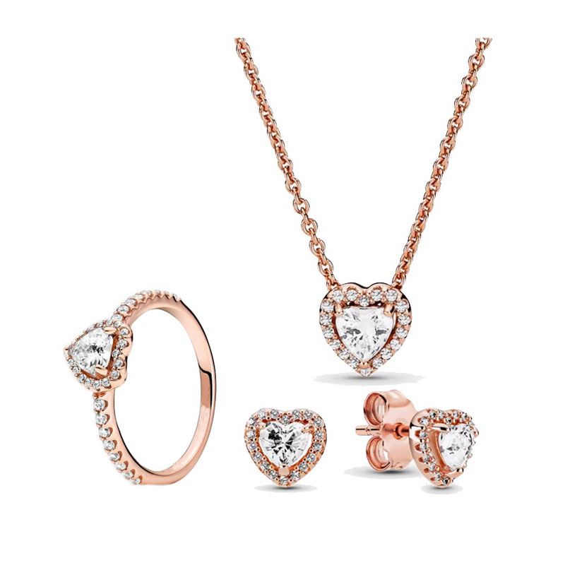 925 Silver Love Charm Necklace Ring Earrings Set Jewelry Dark Red Pink Romantic Valentine's Day Women's Family Gift Personality
