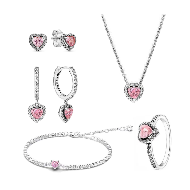 925 Silver Heart-Shaped Colored Zircon Jewelry Women's Set Gift  Ring Necklace Earring Bracelet Valentine's Day