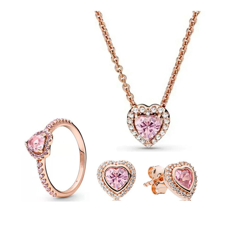 925 Silver Love Charm Necklace Ring Earrings Set Jewelry Dark Red Pink Romantic Valentine's Day Women's Family Gift Personality